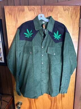 Jayli Spicoli Corduroy Western Snap-Up Shirt with Pot Leaf Embroidery. NWT Price